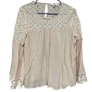 Entro Women's 3/4 Long Sleeve Knit Top Lace Blouse Cream Size Large